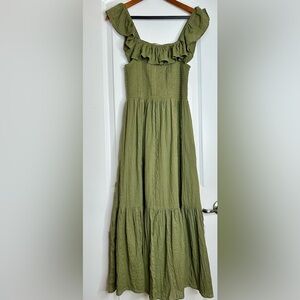 Dotti Olive Green Ruffle Maxi Cottage Core Dress Size Small
